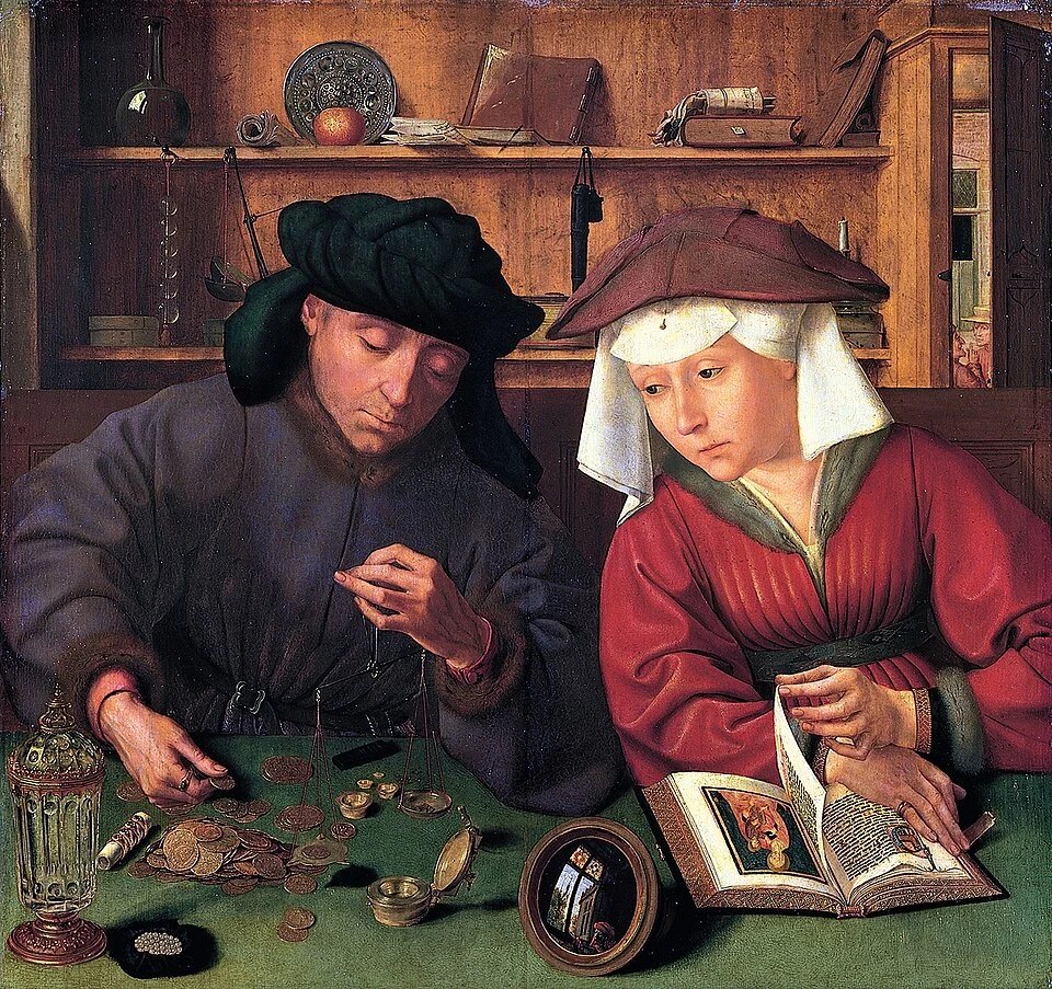 Le Prêteur et sa femme, Quentin Metsys : un prêteur pèse des pièces d'or sur une balance pendant que sa femme feuillette un livre d'heures